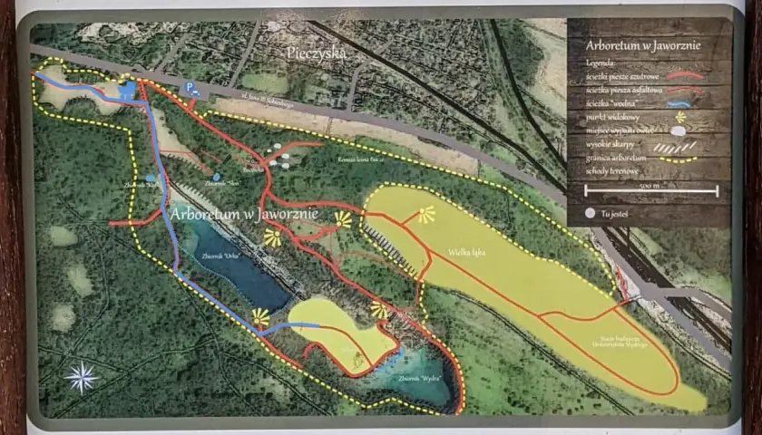Mapa Arboretum w Jaworznie, pokazująca polskie Malediwy trasę spacerową wokół zbiorników wodnych i przez tereny zielone.