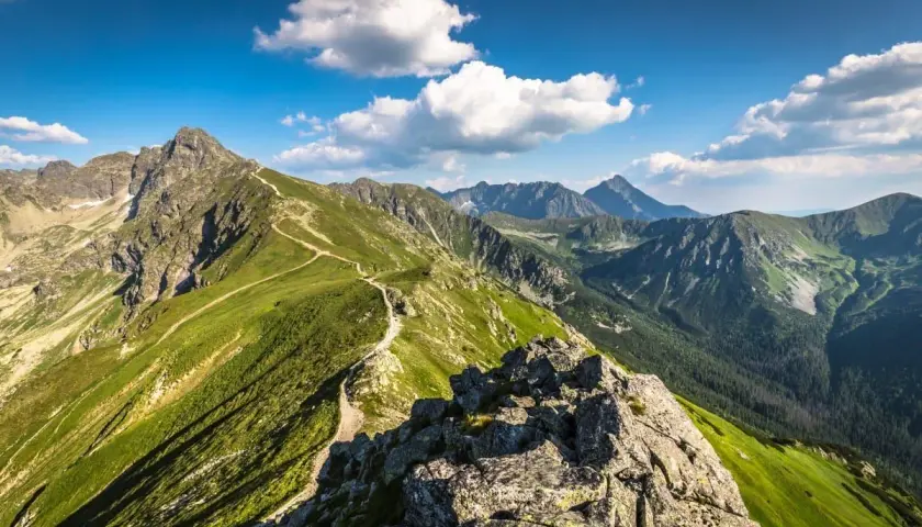 Widok na szlak prowadzący na Kasprowy Wierch. Kręta ścieżka wije się pośród zielonych zboczy Tatr.