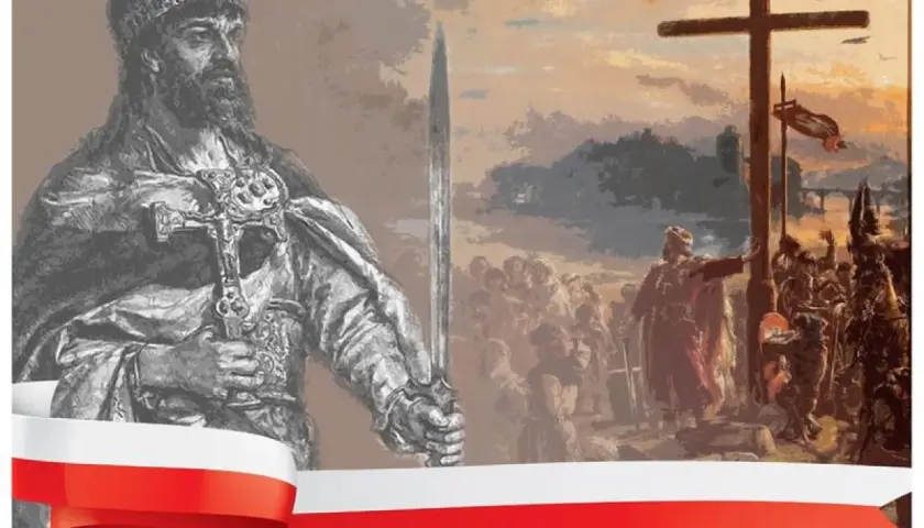 Mieszko I z mieczem i krzyżem, symbolizujący chrzest polski. Data 966.