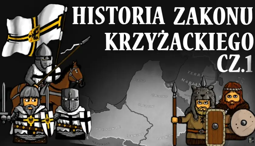 Rycerze w zbrojach i z tarczami, jeden na koniu z flagą, przedstawiają historię zakonu krzyżackiego.