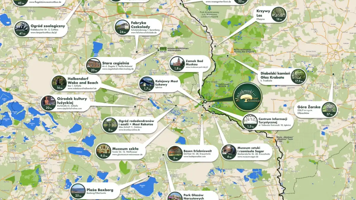 Mapa turystyczna Parku Mużakowskiego z zaznaczonymi atrakcjami, takimi jak Ogród Zoologiczny, Fabryka Czekolady, czy Muzeum Szkła.