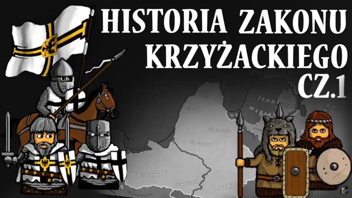Rycerze w zbrojach i z tarczami, jeden na koniu z flagą, przedstawiają historię zakonu krzyżackiego.
