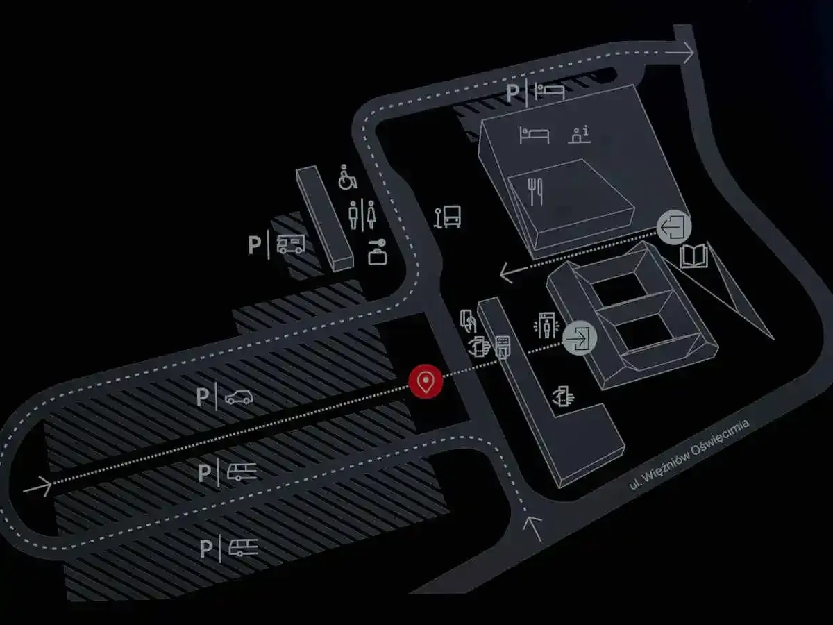 Mapa terenu Muzeum Auschwitz-Birkenau. Wskazuje parkingi, budynki i drogę dojazdową.
