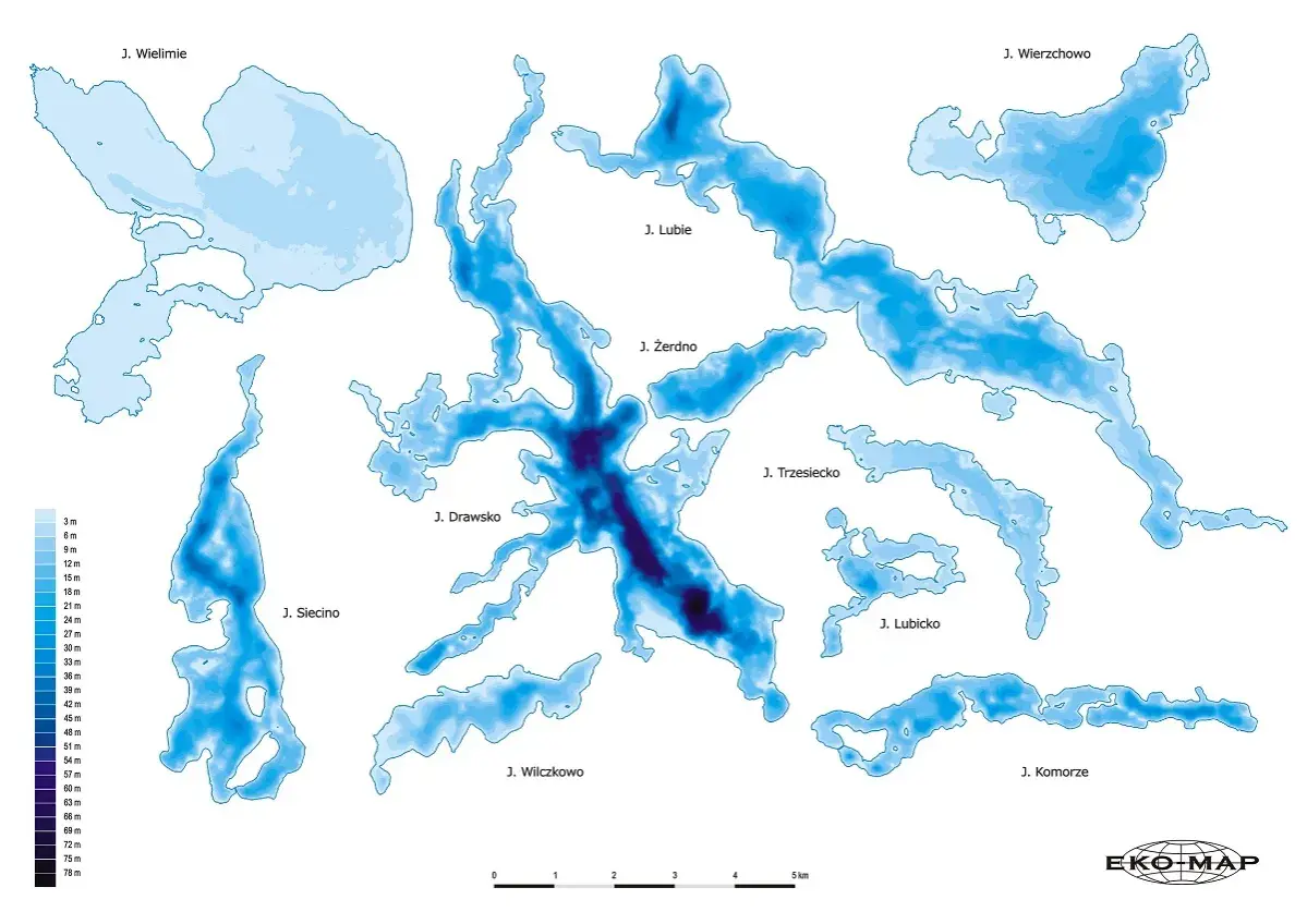 Mapa batymetryczna jezior pojezierza drawskiego: Wielimie, Siecino, Drawsko, Wilczkowo, Lubie, Żerdno, Trzesiecko, Lubicko, Wierzchowo, Komorze.
