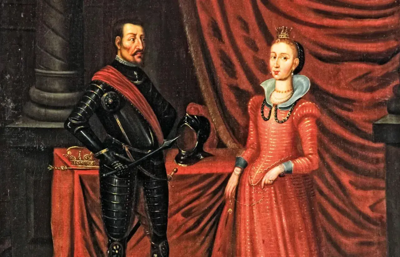 Portret króla w zbroi i królowej w czerwonej sukni. Królowa, żona Kazimierza Jagiellończyka, nosi koronę i naszyjnik.