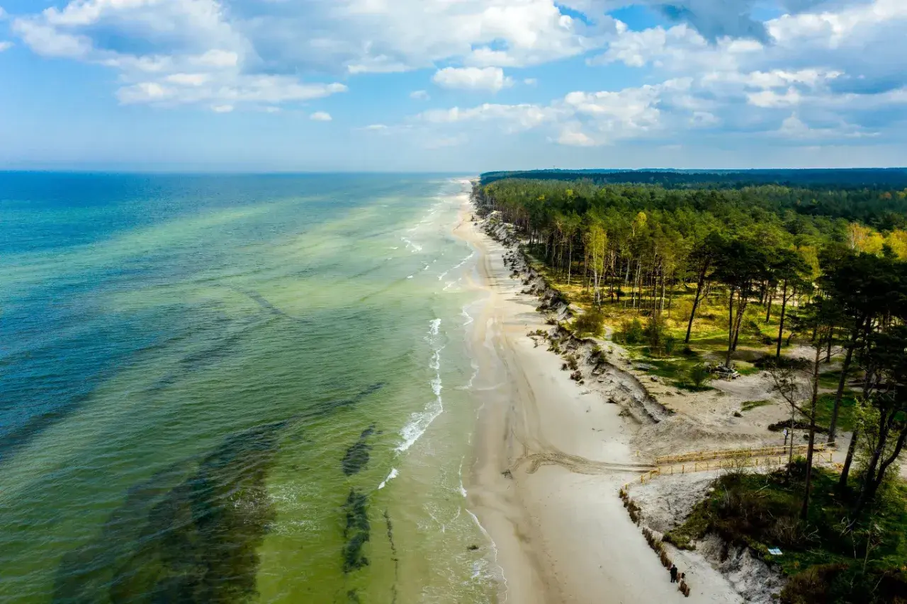 Malownicza lubiatowo plaża z zielonym morzem i sosnowym lasem. Piasek, fale i chmury tworzą spokojny krajobraz.