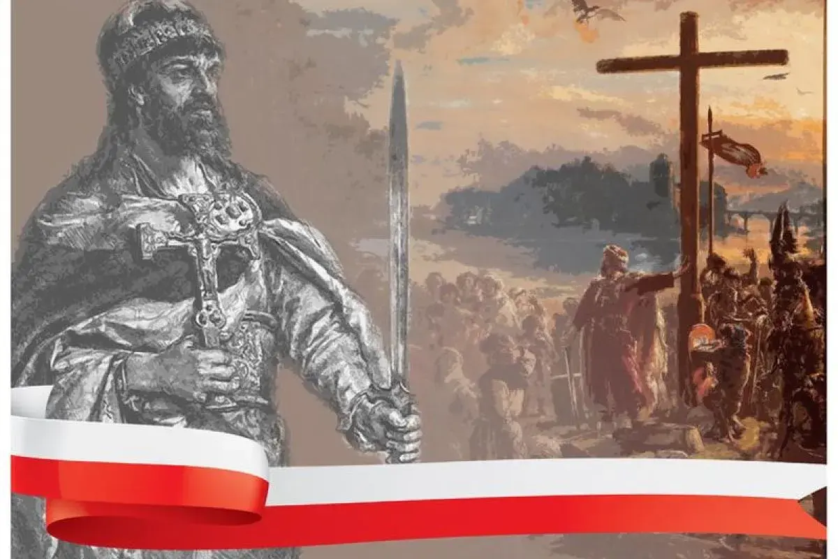 Mieszko I z mieczem i krzyżem, symbolizujący chrzest polski. Data 966.
