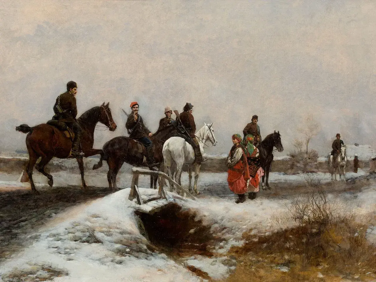 Zimowy krajobraz, konni żołnierze i kobiety w strojach ludowych. Scena nawiązuje do wydarzeń z okresu powstania styczniowego, data 1863 roku.