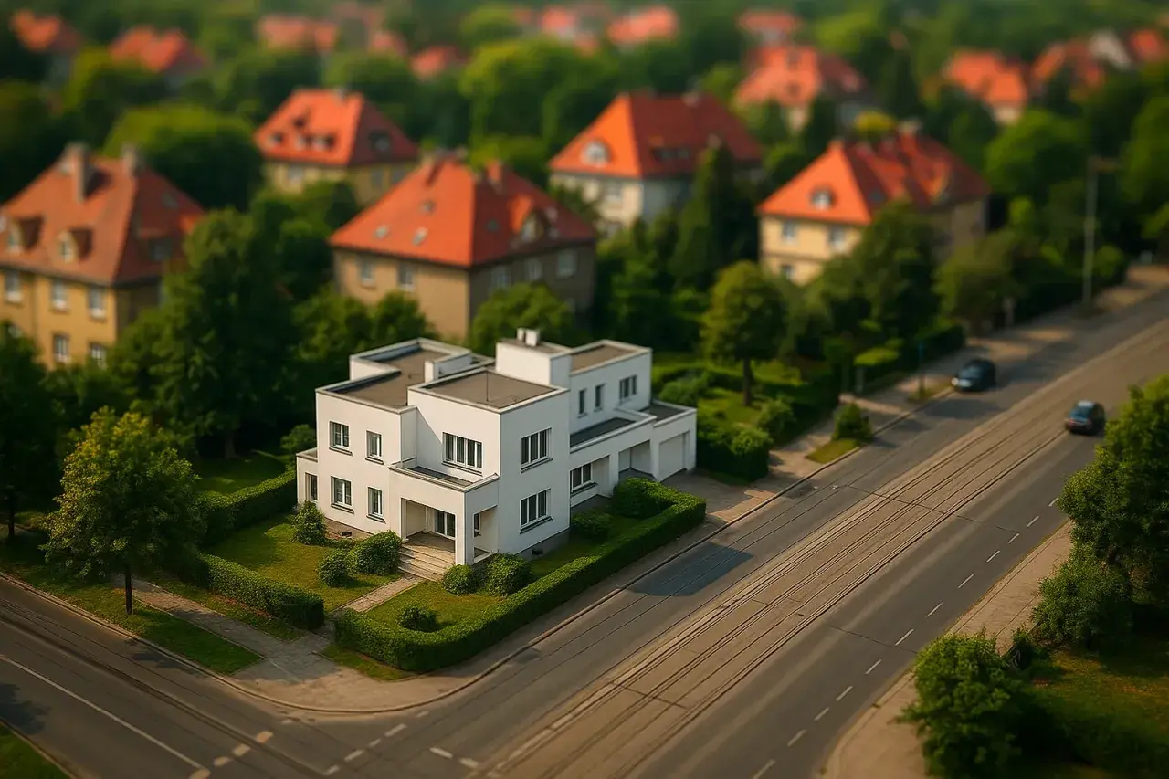 Nowoczesna willa z ogrodem, otoczona drzewami, w dzielnicy Biskupin we Wrocławiu. W tle inne domy z czerwonymi dachami.
