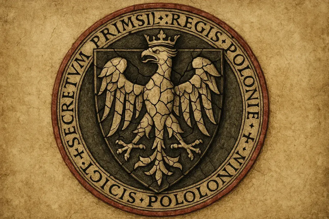Pieczęć z orłem, symbolizująca czasy rozbicia dzielnicowego. Napis: SECRETVM PRIMSIL REGIS POLONIE.