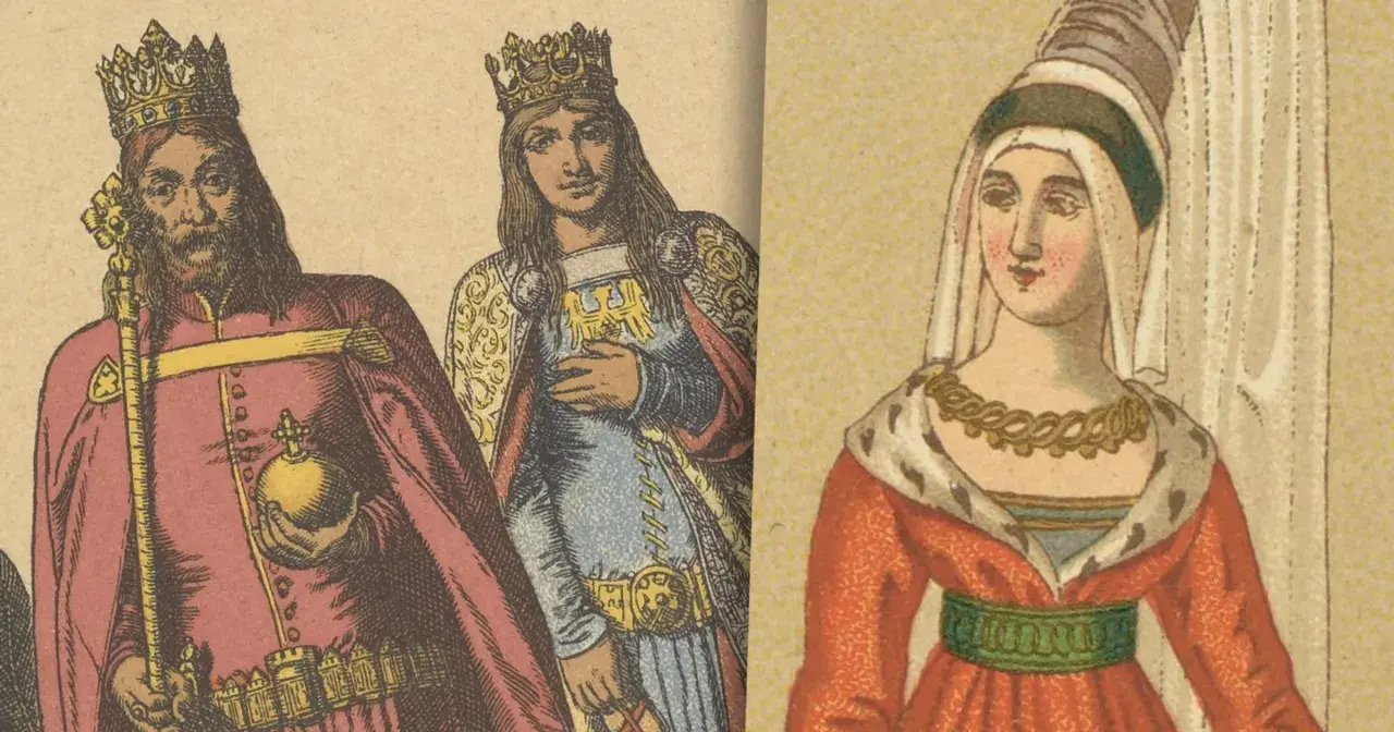 Kazimierz III Wielki żony: król z berłem i jabłkiem, obok królowa z orłem, a po prawej dama w czerwieni.