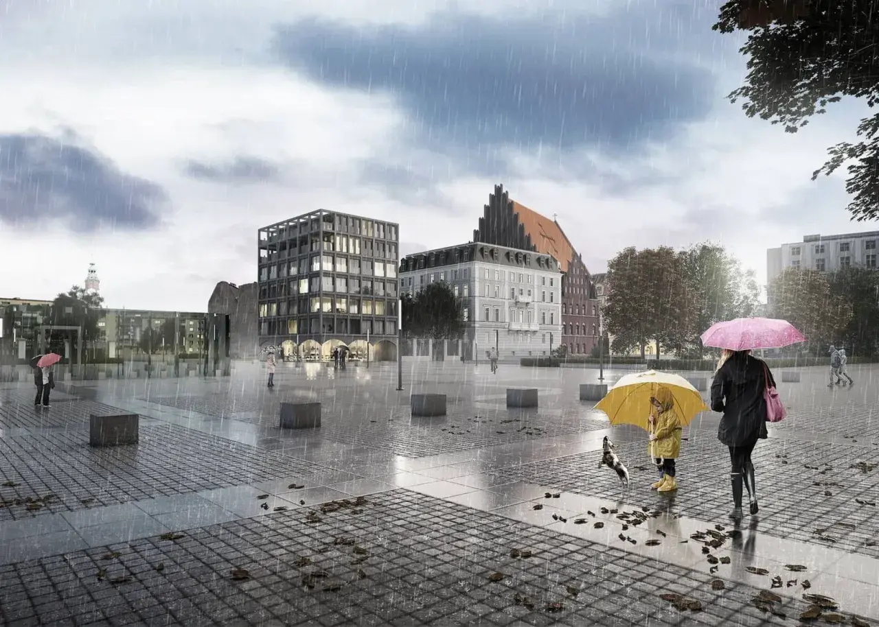 Deszczowy dzień na placu wolności wrocław. Dziecko z psem pod żółtym parasolem i kobieta z różowym, spacerują po mokrym bruku.
