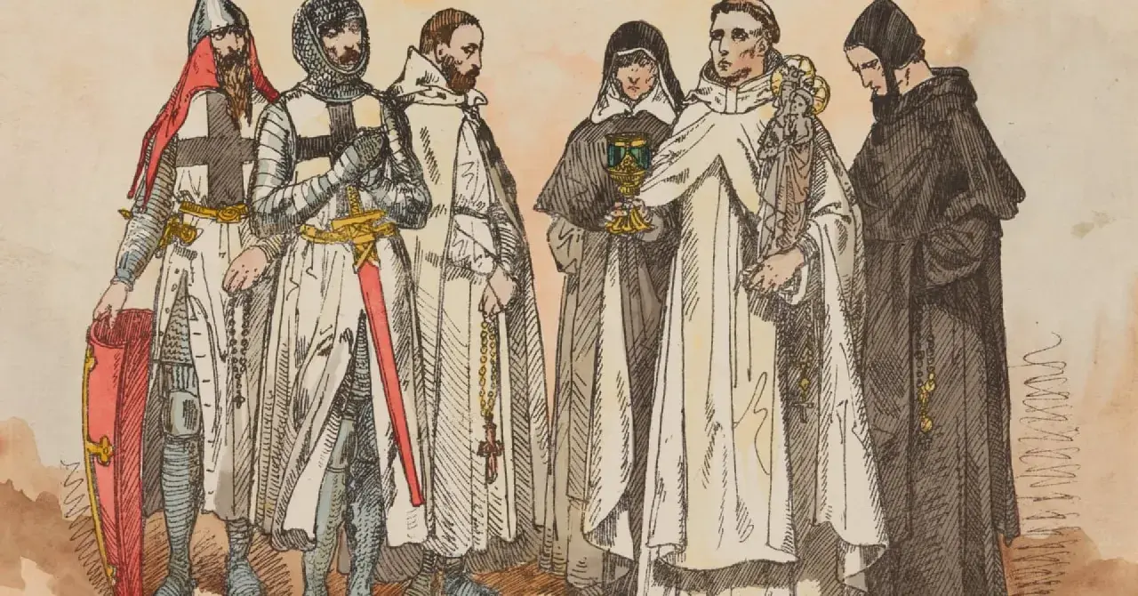 Rycerze templariusze i zakonnicy, w tym krzyżacy, w historycznych strojach. Jeden z nich trzyma kielich, inny figurkę.
