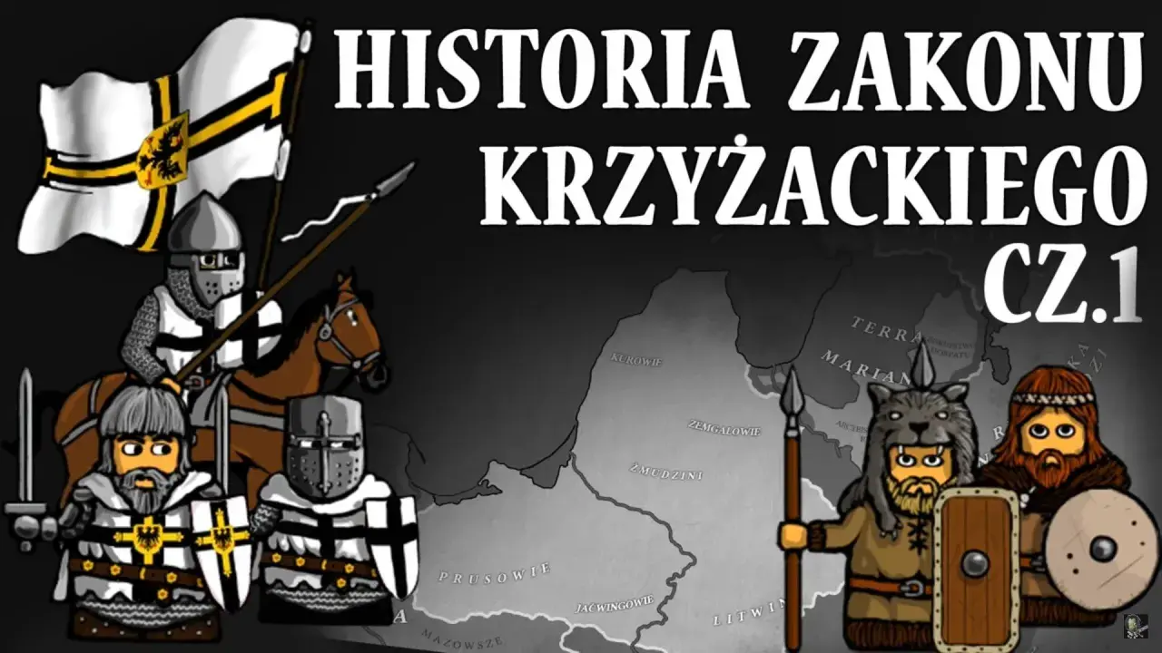 Rycerze w zbrojach i z tarczami, jeden na koniu z flagą, przedstawiają historię zakonu krzyżackiego.