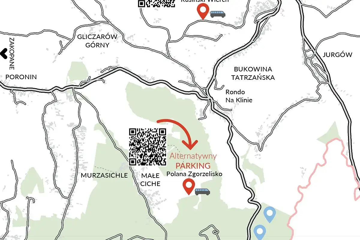 Mapa z zaznaczonym alternatywnym parkingiem przy Polanie Zgorzelisko, niedaleko Morskiego Oka.