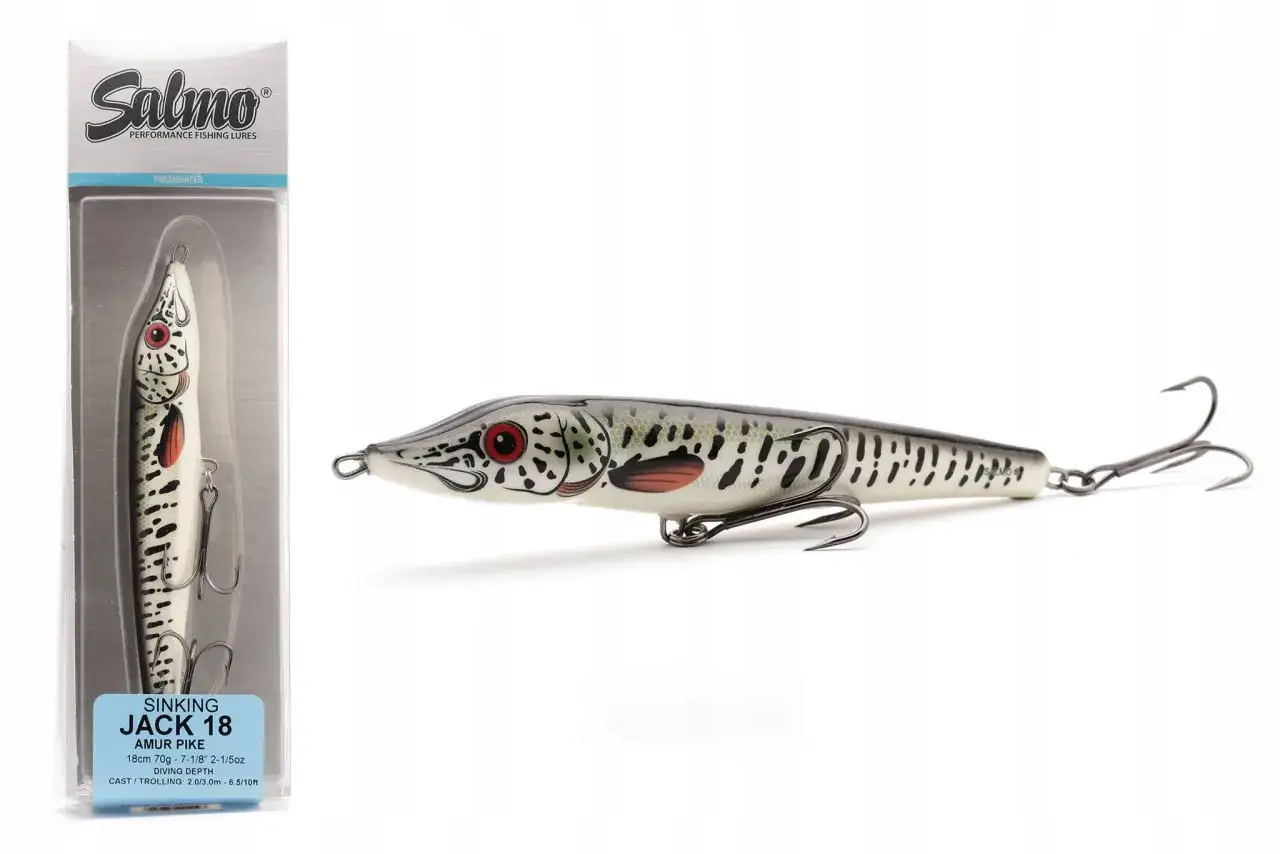 Przynęta Salmo Jack 18 Amur Pike, realistycznie imitująca rybę, idealna na drapieżniki. Z pewnością skusi amura!