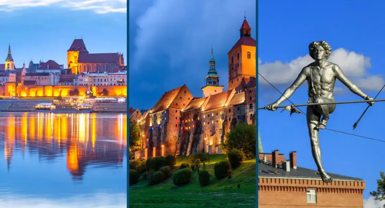 Magiczne miejsca Kujawsko-Pomorskie: Toruń nocą, oświetlony zamek i rzeźba na linie.