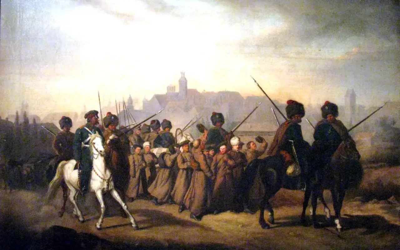 Obraz przedstawia scenę z powstania styczniowego, data jego wybuchu to 1863 rok. Widać żołnierzy na koniach i pieszych, zmierzających w stronę miasta.