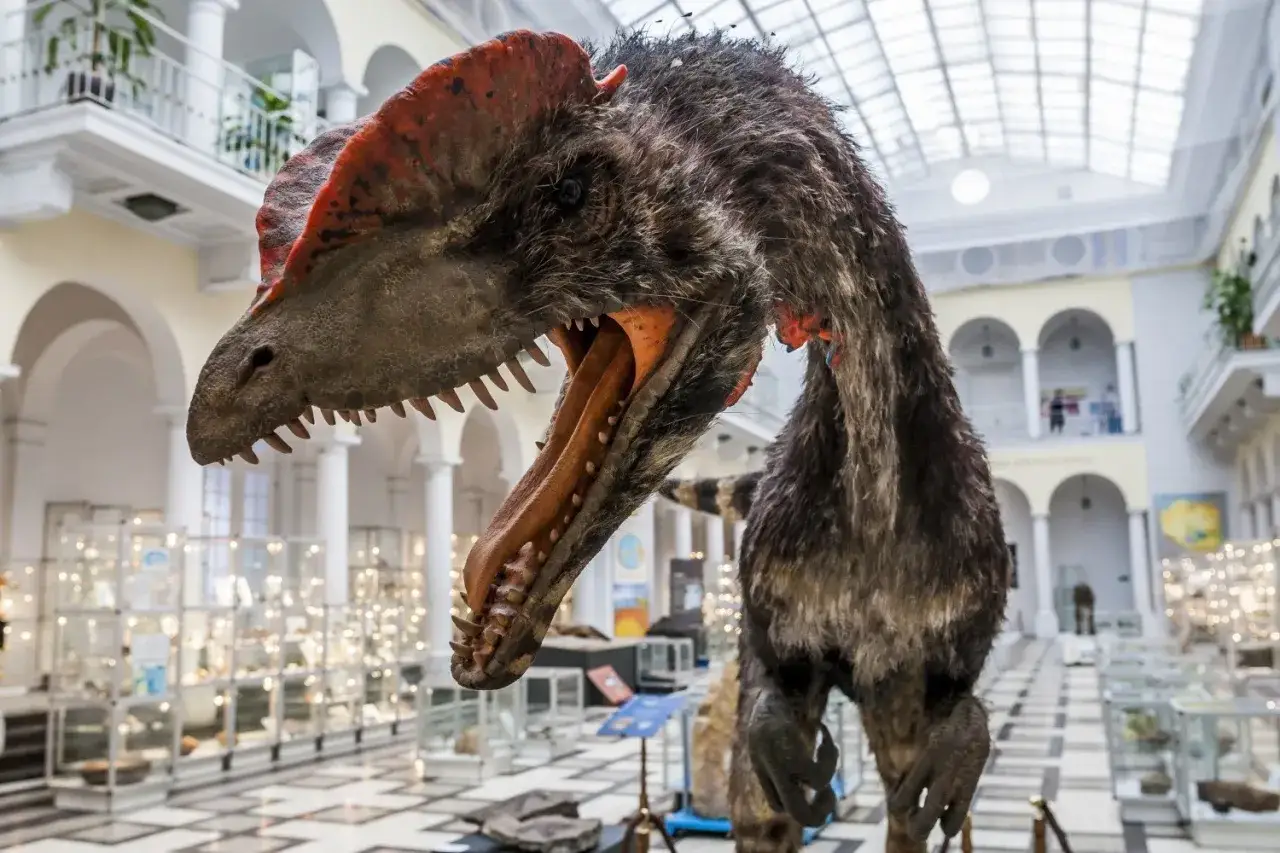 Model dinozaura w muzeum, idealne miejsce na wycieczkę z dzieckiem w Warszawie.