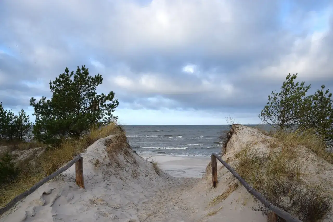 Ścieżka przez wydmy prowadzi na lubiatowo plaża. Morze faluje pod pochmurnym niebem, a sosny szumią na piasku.