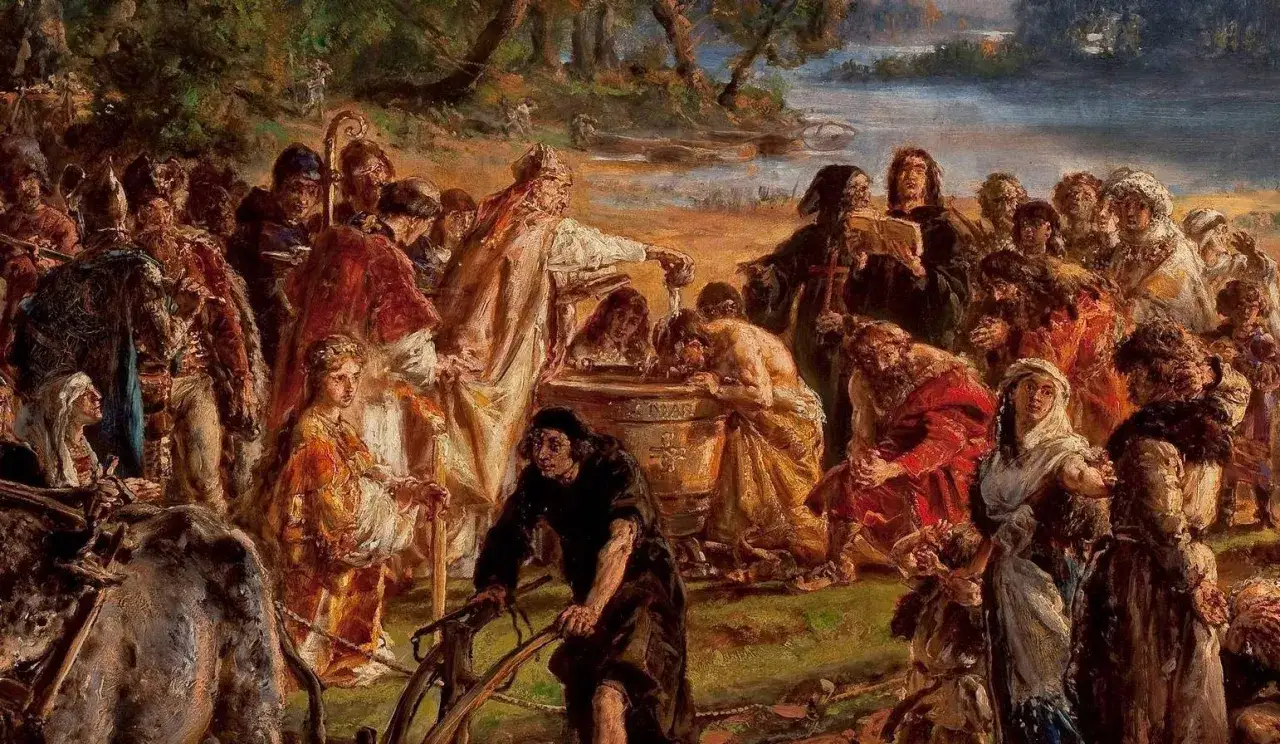 Obraz przedstawia chrzest Mieszka I, kluczowy moment dla daty chrztu polski. Ludzie w strojach z epoki gromadzą się wokół kadzi.