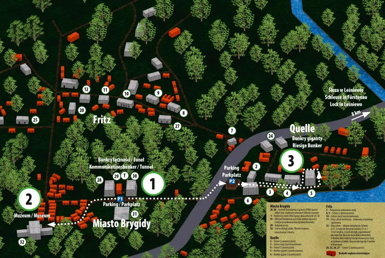 Mapa kompleksu bunkrów w Mamerkach, z zaznaczonymi obiektami, w tym potencjalnym miejscem poszukiwań Bursztynowej Komnaty.
