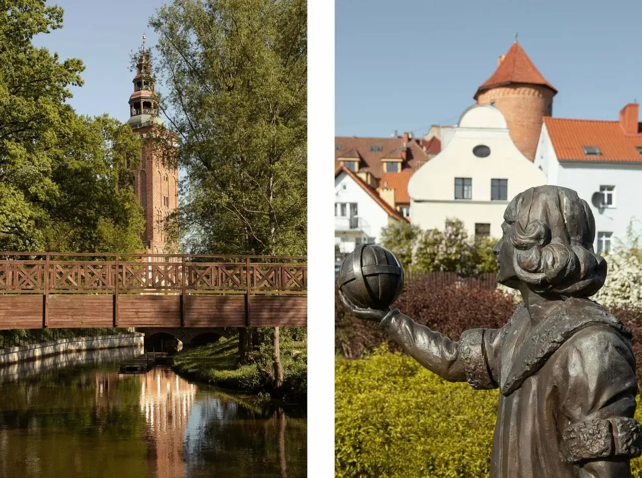 Mostek nad rzeką i wieża zamkowa w Lidzbarku Warmińskim, a obok pomnik Kopernika. Atrakcje miasta.