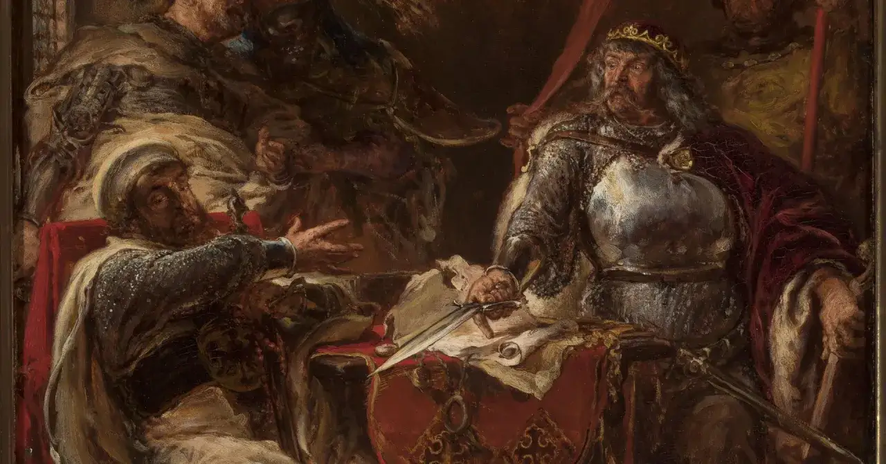 Król Bolesław Śmiały i jego bracia, symbolizujący rozbicie dzielnicowe, spierają się przy stole, na którym leży miecz.