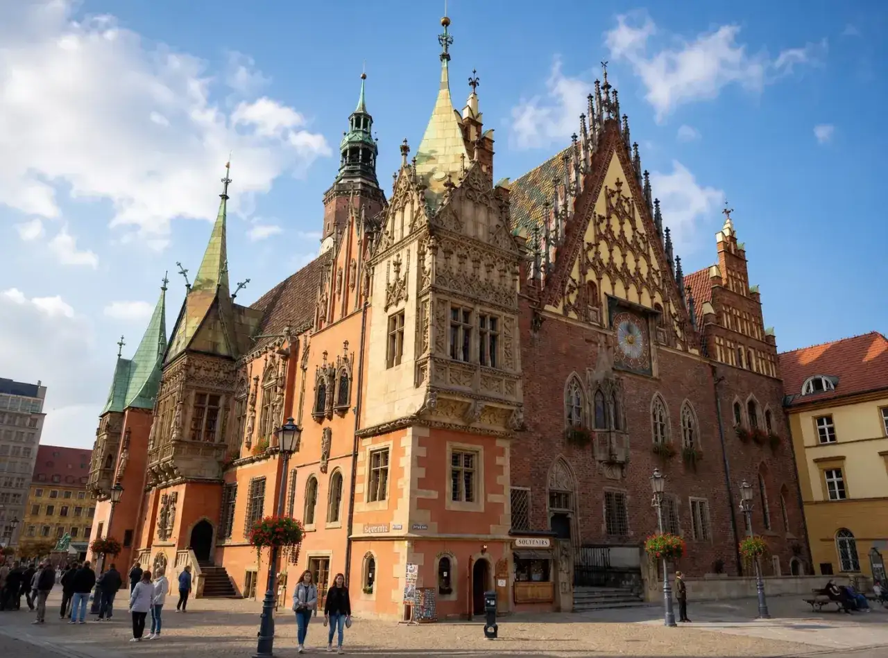 Wrocławski Rynek zachwyca architekturą Ratusza. Wspaniałe detale i kolorowe dachy tworzą niepowtarzalny klimat.