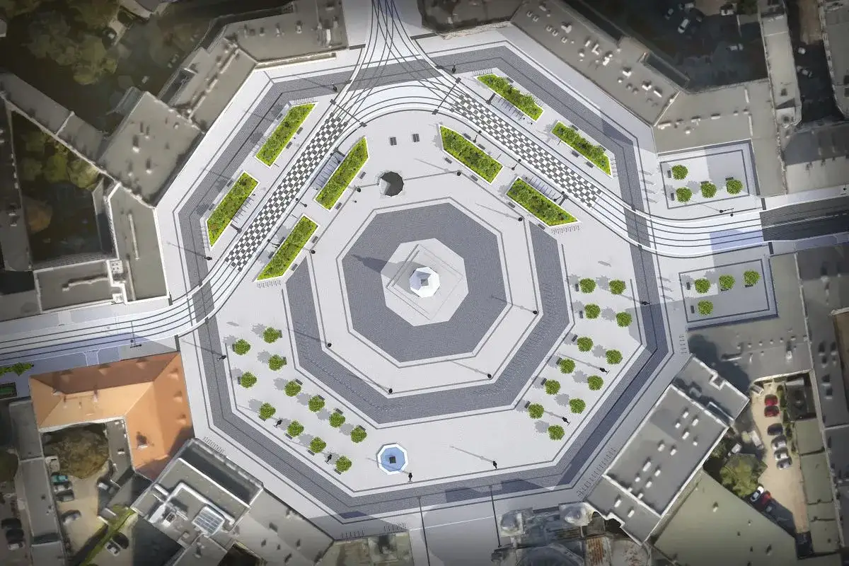 Nowoczesny plac wolności łódź z zielonymi wyspami, szachownicą i fontanną.